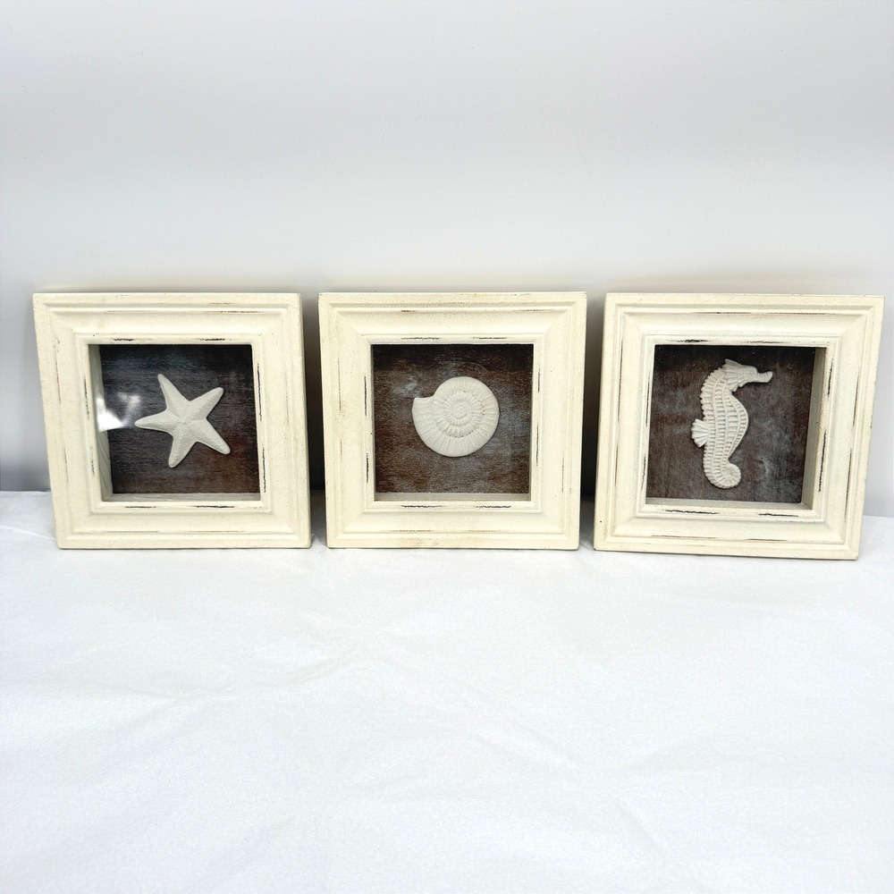 Nautical Beachy Shadow Box Wall Art SET 3 pc Coastal Distressed Decor Beach